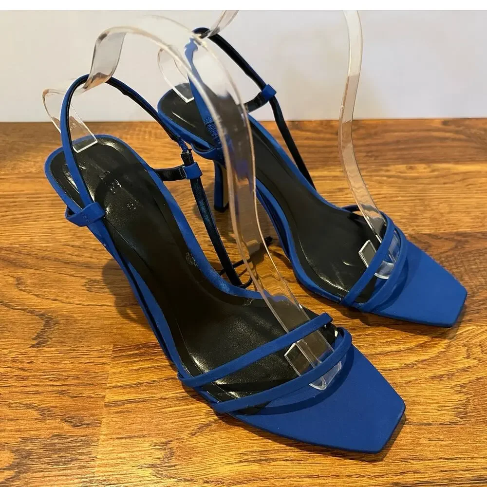 Zara Square Toe Strappy Slingback Heels Women’s 40 Cobalt Blue Sandals NWOB